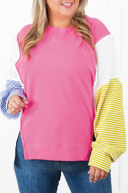 Plus Size Colorblock Stripe Puff Sleeve Top