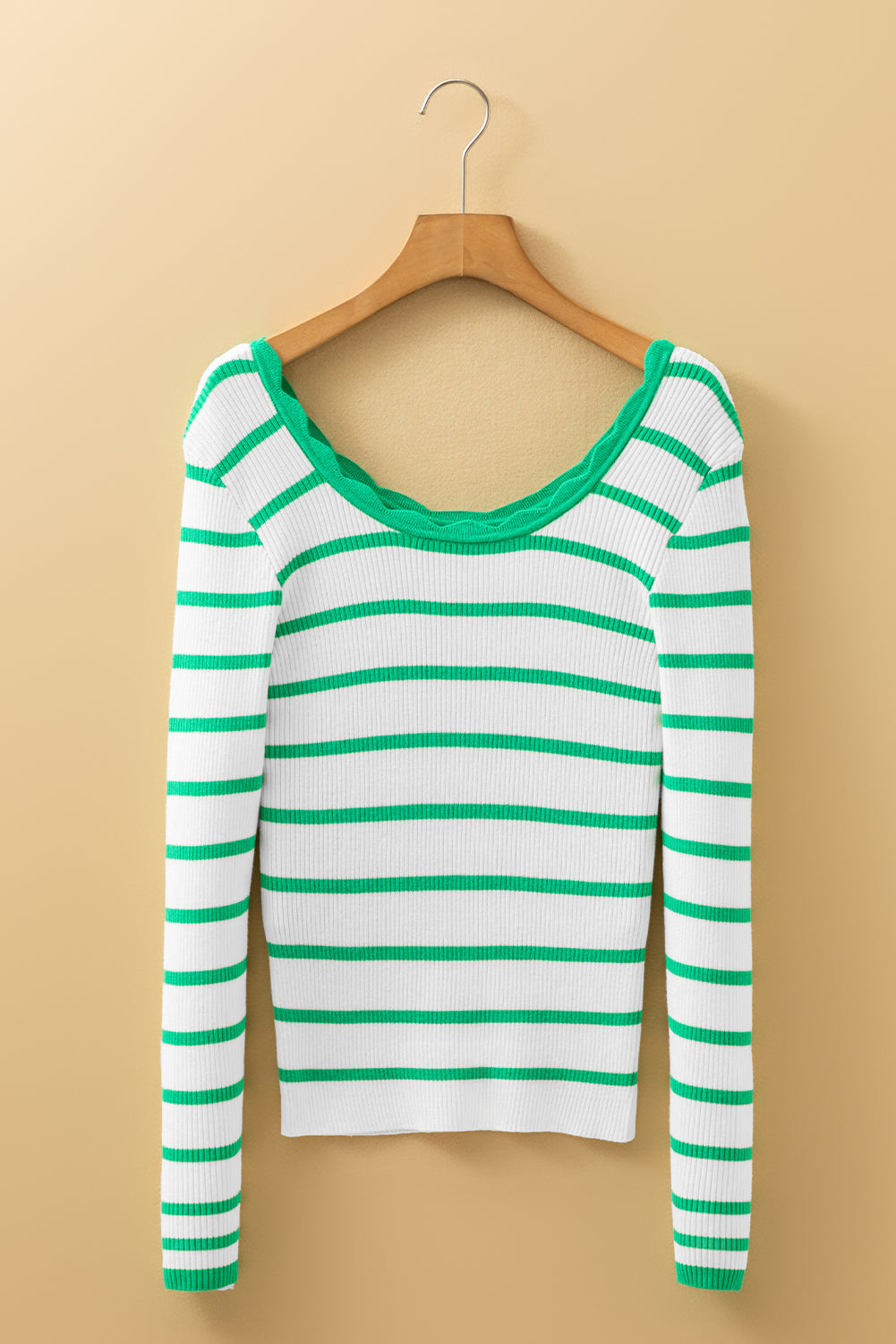 Stripe Scalloped Scoop Neck Ribbed Knit Sweater