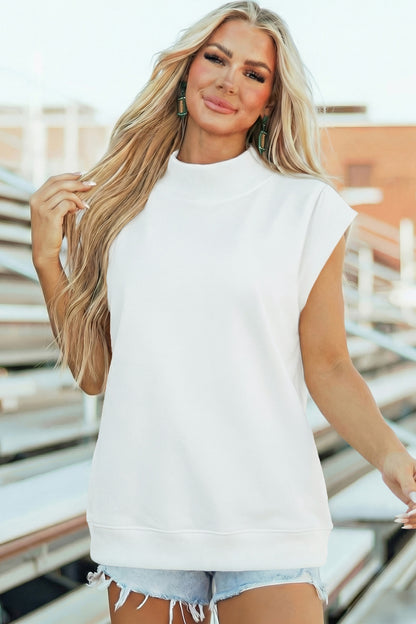 Solid Mock Neck Cap Sleeve Oversized Top