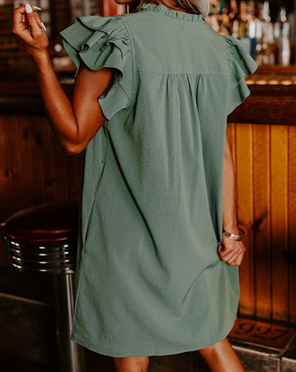 Ruffle Short Sleeve Buttoned Dress