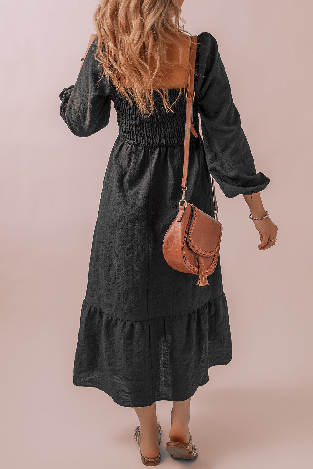 Smocked Square Neck Midi Dress