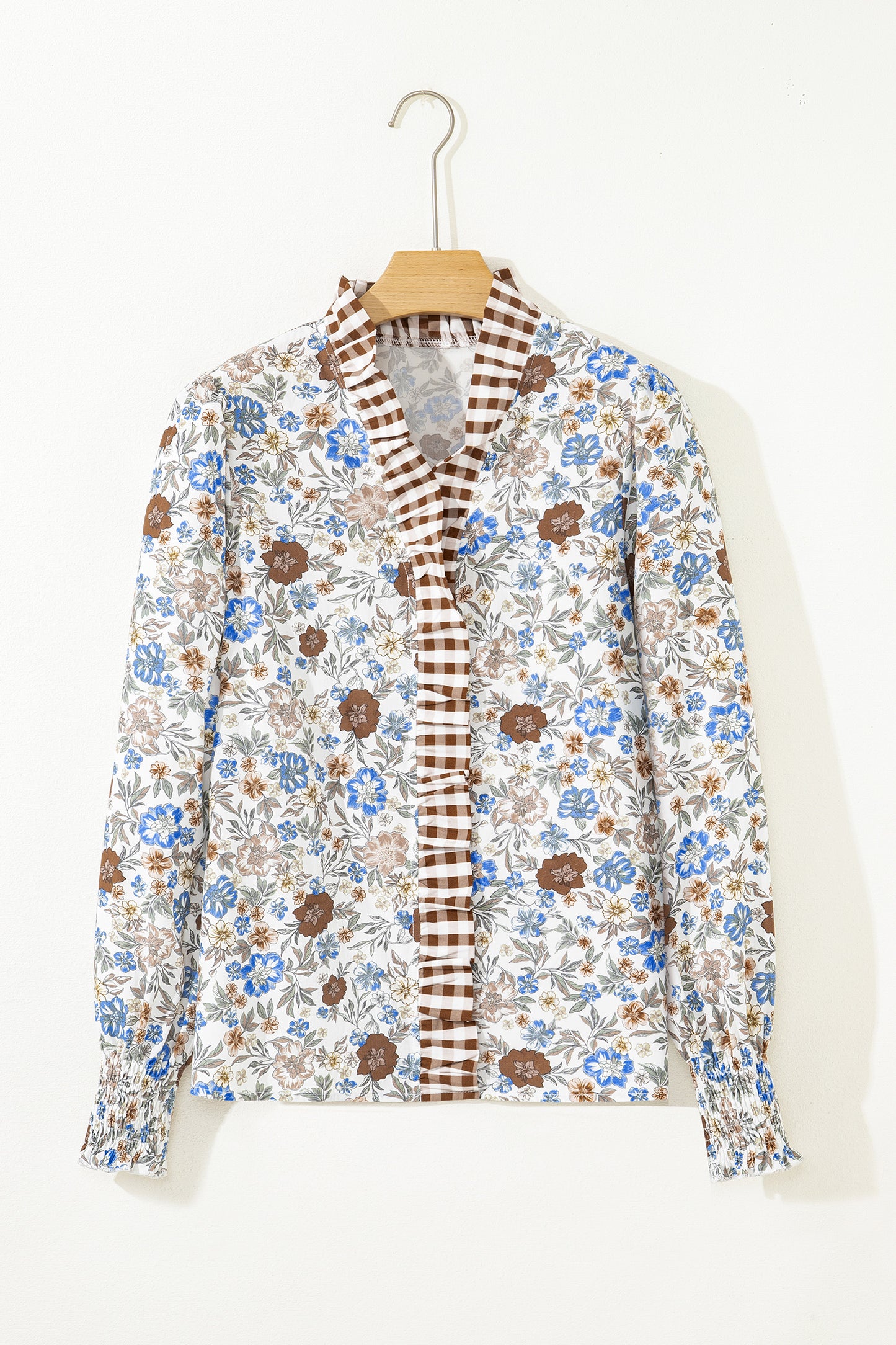 Floral Plaid Frilled Trim Long Sleeve Blouse