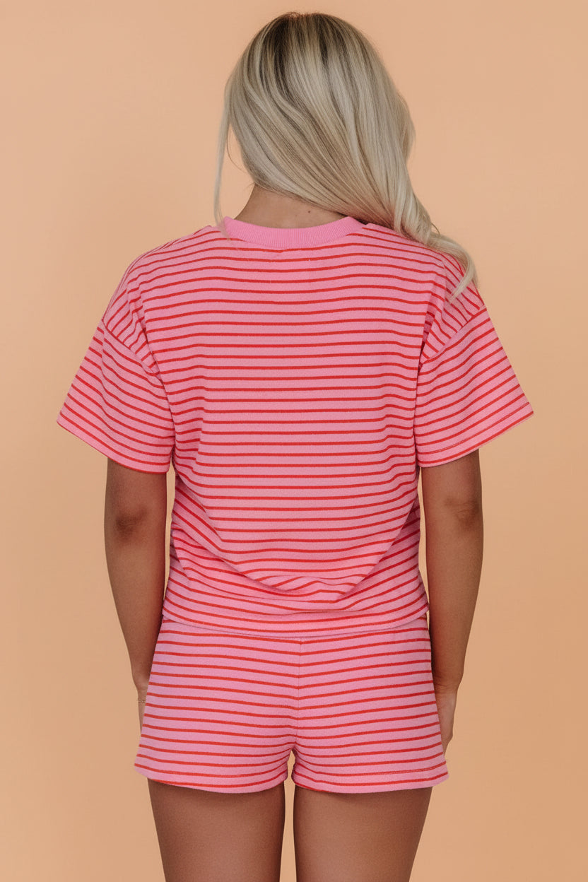Stripe Side Split Tee & Drawstring Shorts Set