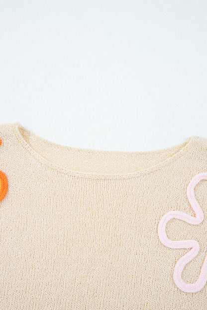 Colorblock Flower Cuffed Long Sleeve Sweater