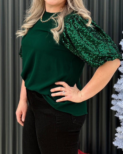 Sequin Short Puff Sleeve Top Plus Size