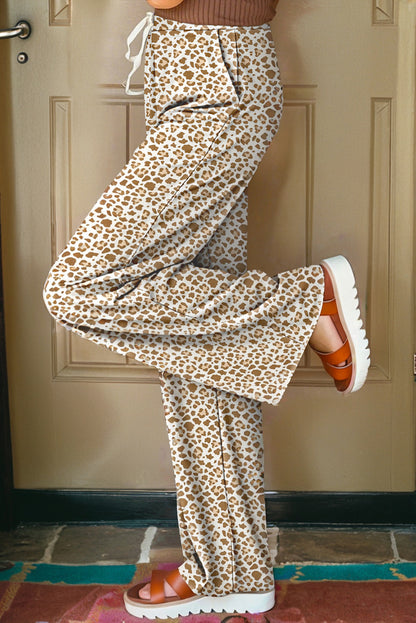 Leopard Drawstring Elastic Waist Straight Leg Pants