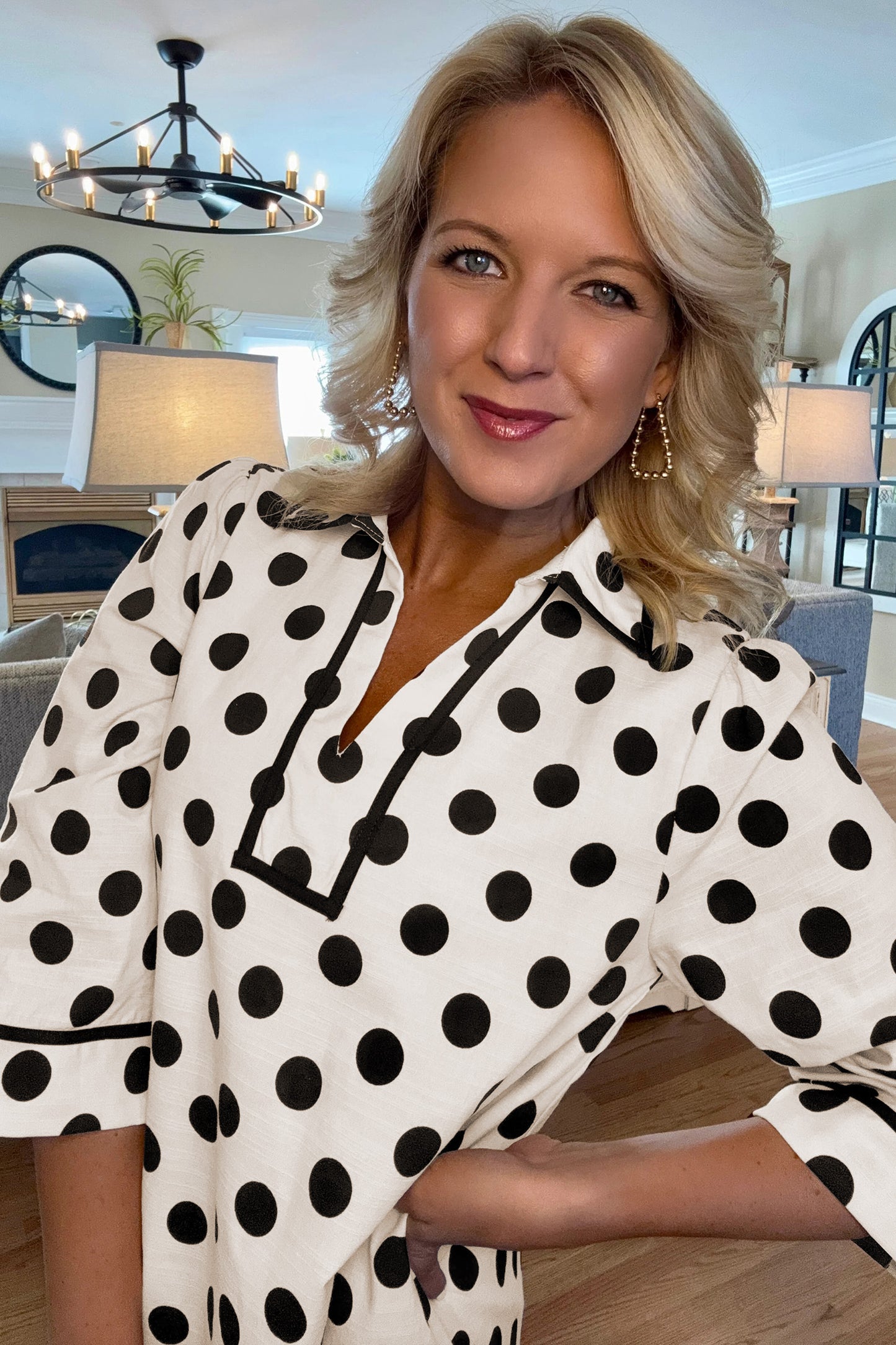 Polka Dot Collar V-Neck 3/4 Sleeve Pockets Mini Dress