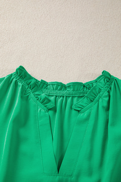 Solid V-Neck Short Puff Sleeve Tiered Maxi Dress
