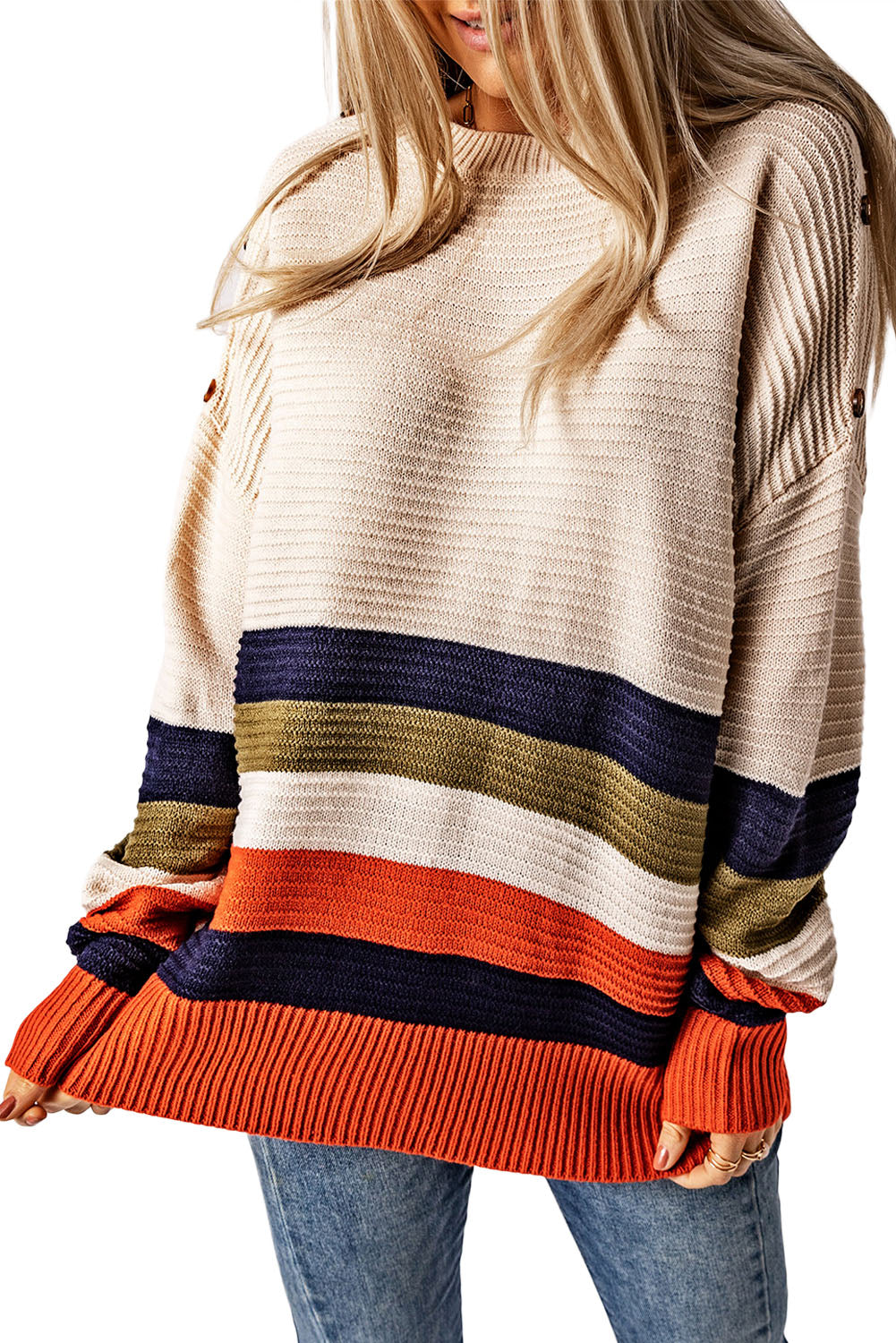 Stripe Buttoned Drop Shoulder Sweater