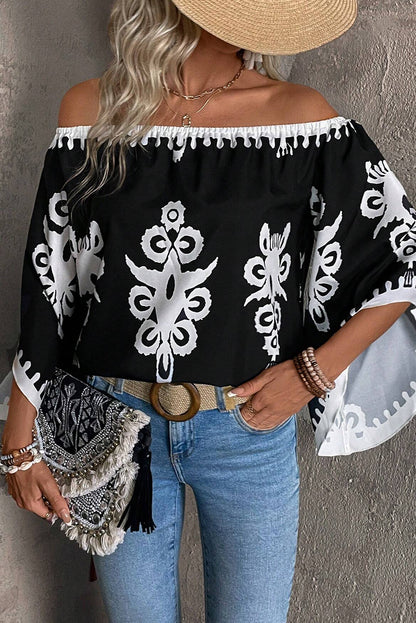 Boho Abstract Off Shoulder Blouse