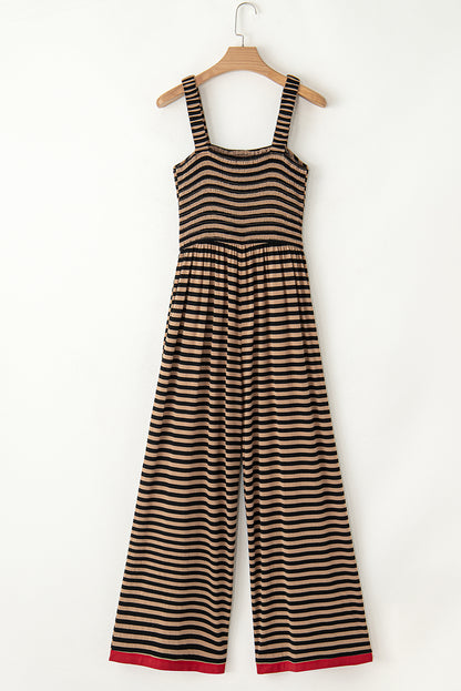 Stripe Square Neck Shirred Wide Leg Jumpsuit