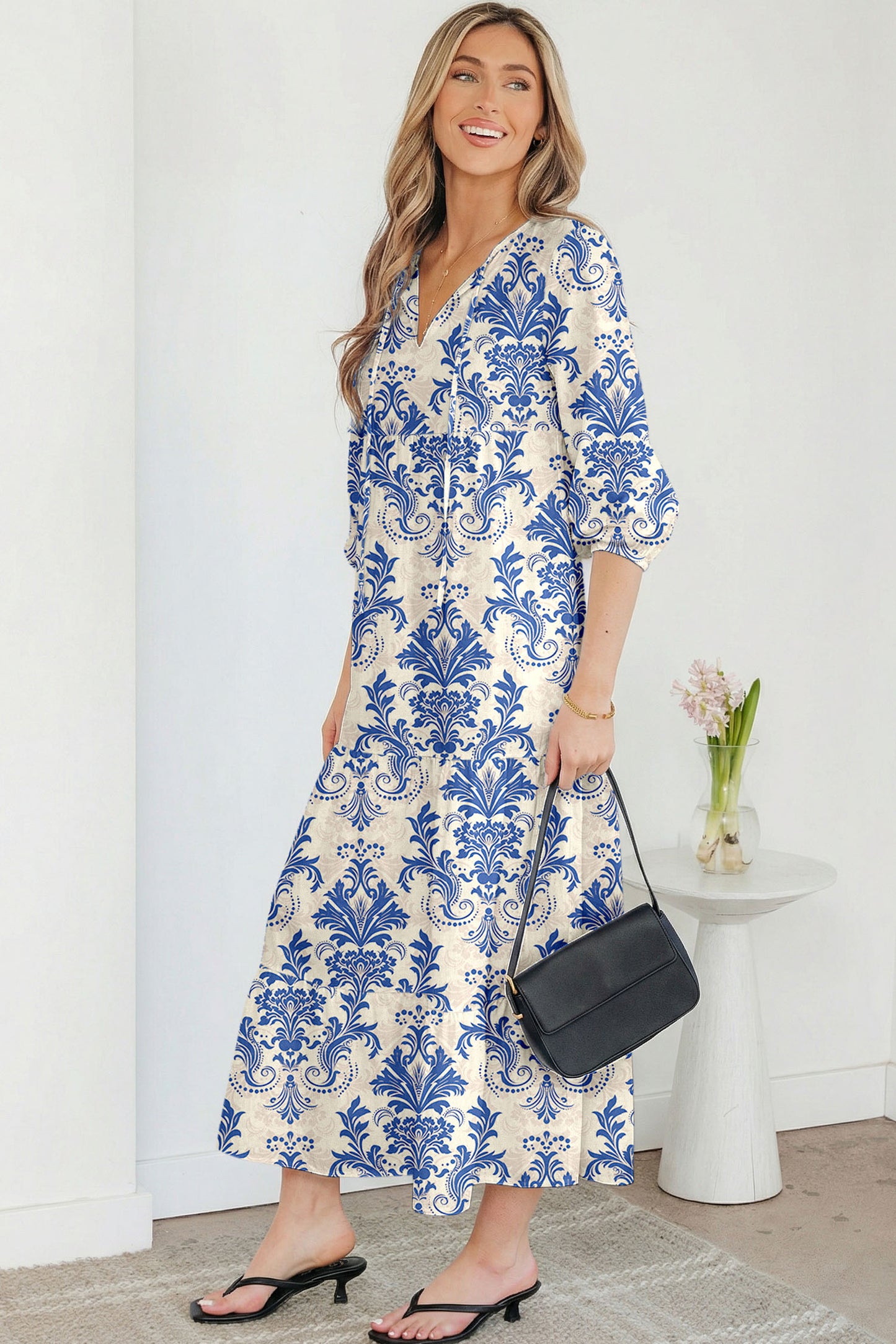 Boho Tied V-Neck 3/4 Sleeve Maxi Dress