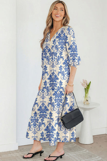 Boho Tied V-Neck 3/4 Sleeve Maxi Dress