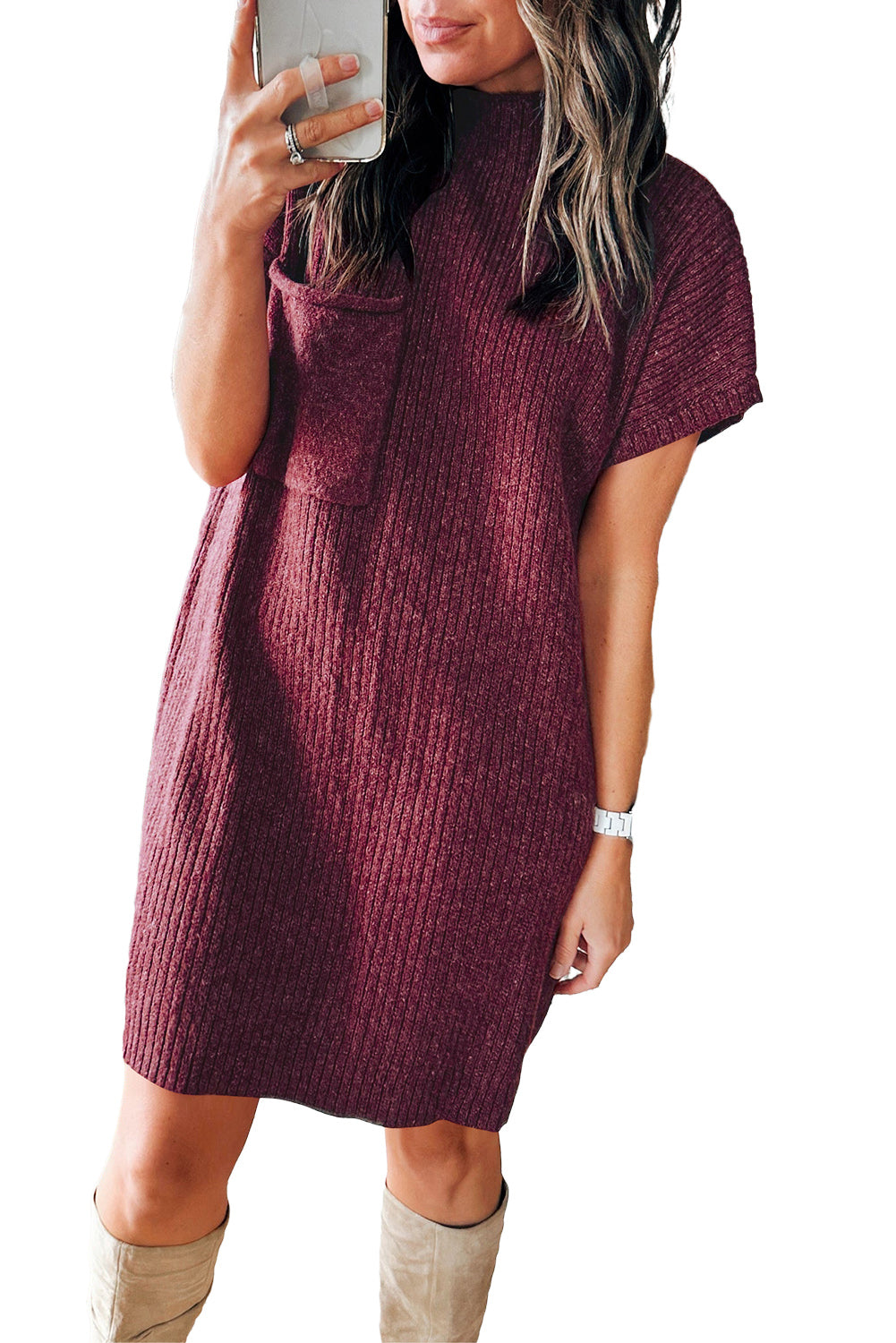 Ribbed Short Sleeve Sweater Dress