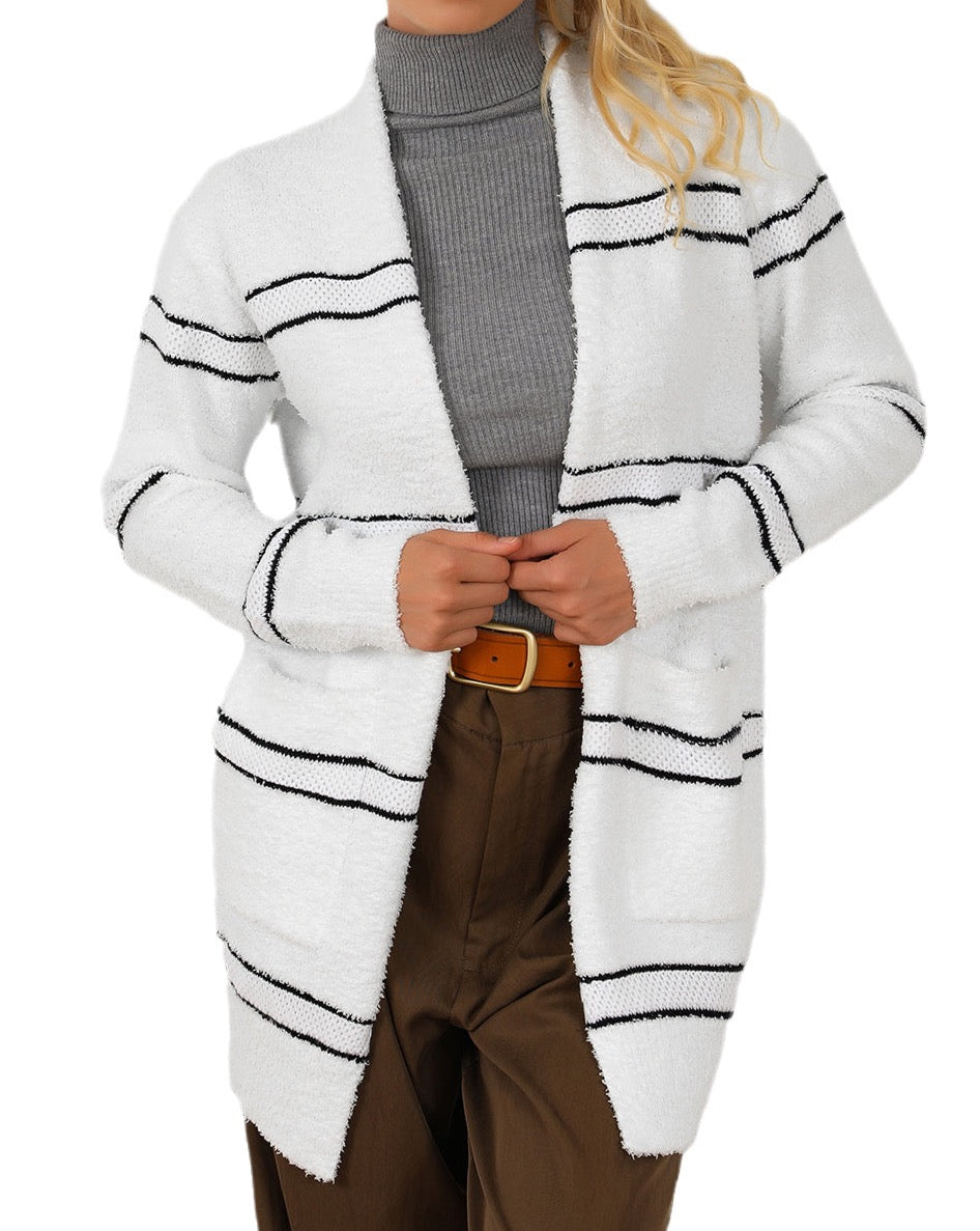 Stripe Fuzzy Open Front Cardigan