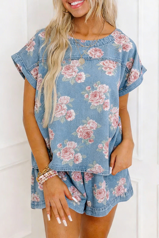 Floral Denim Short Sleeve Top & Loose Shorts Set