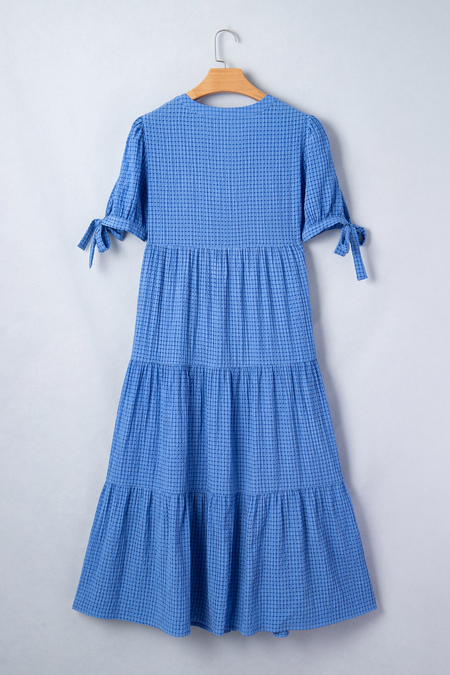 Gingham Bow Tie Short Sleeve Tiered Midi Dress