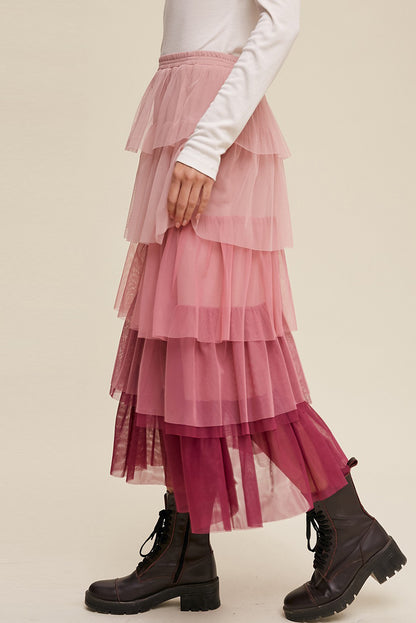 Gradient Ruffle Tiered Mesh Skirt