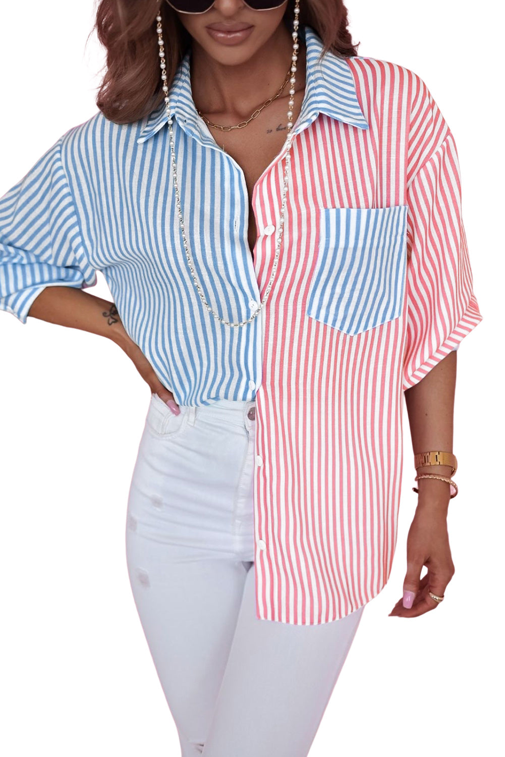 Stripe Colorblock Button Front Shirt