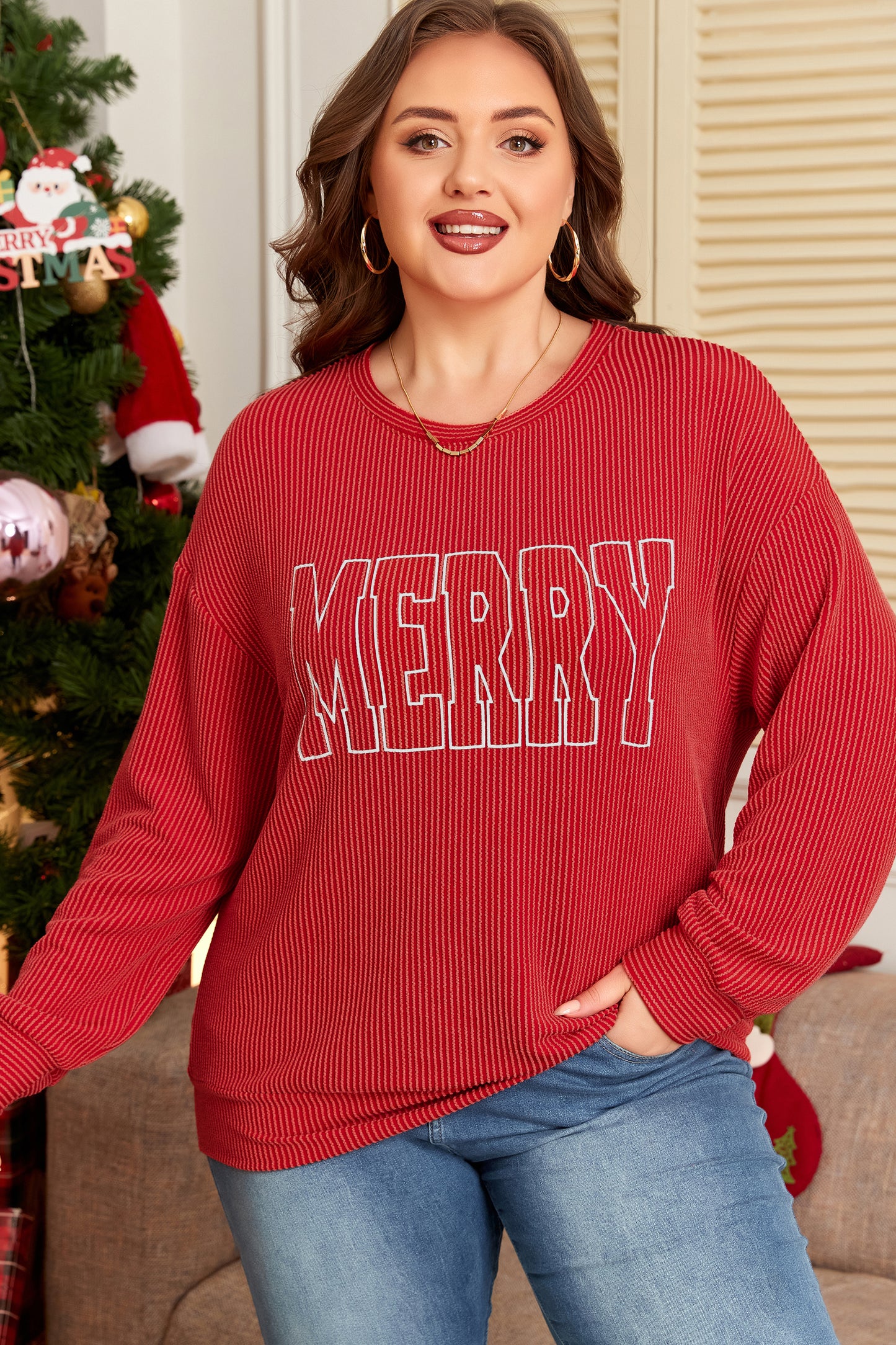 Plus Size Christmas MERRY Corded Knit Top