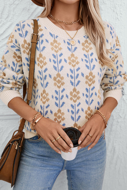 Floral Ribbed Trim Crewneck Sweater