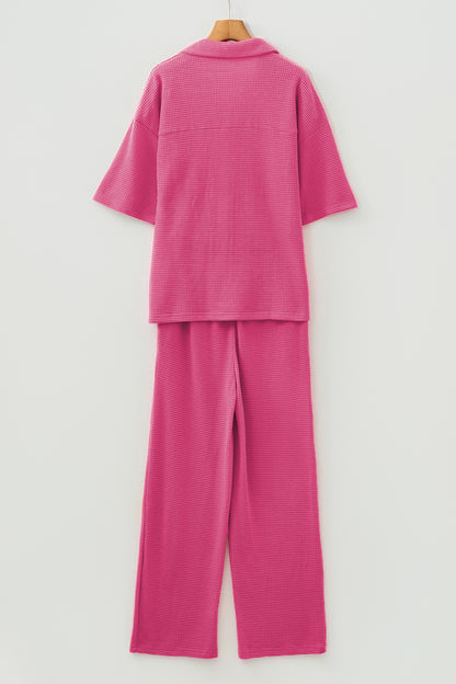 Solid Textured Buttoned Shirt and Pants Set