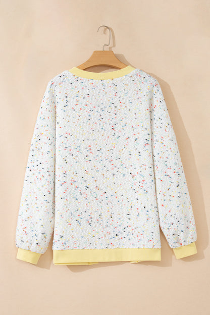 Colorblock Ribbed Trim Confetti Knit Open Cardigan