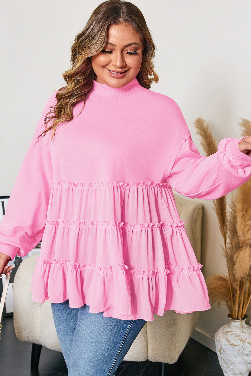 Plus Size Solid Ruffle Tiered Ribbed Crewneck Top