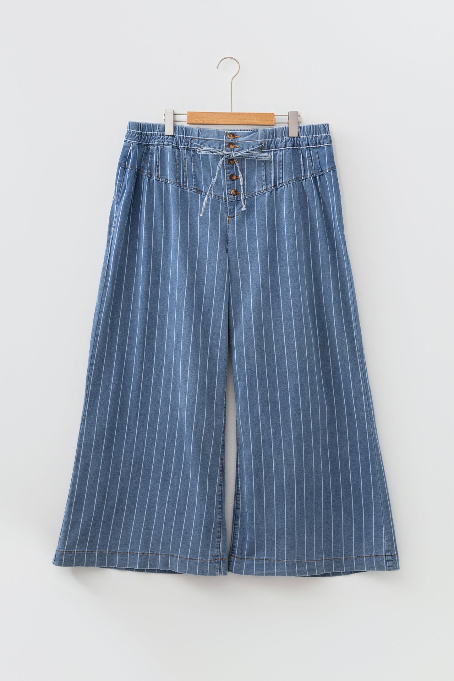 Plus Size Stripe Denim Buttoned Wide Leg Pants