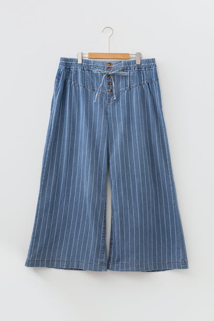 Plus Size Stripe Denim Buttoned Wide Leg Pants