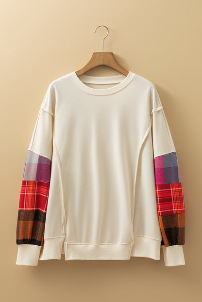 Plaid Patchwork Long Sleeve Exposed Seam Top