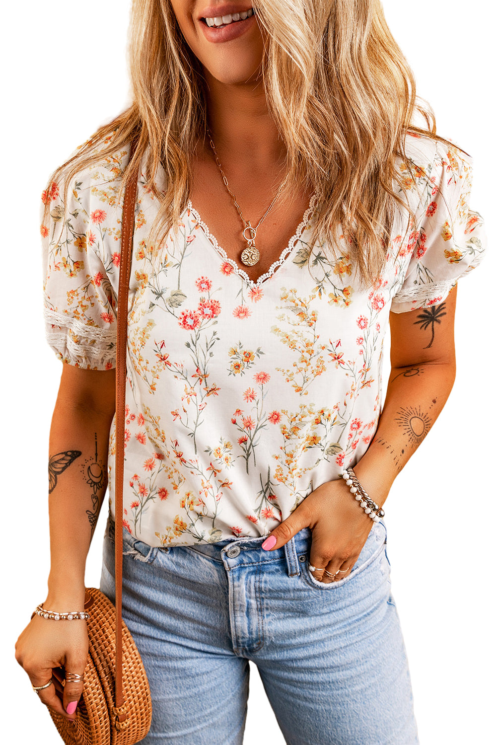 Floral Lace Trim Puff Sleeve Blouse