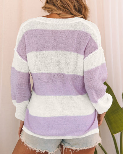 Stripe Chest Pocketed Buttoned Sweater