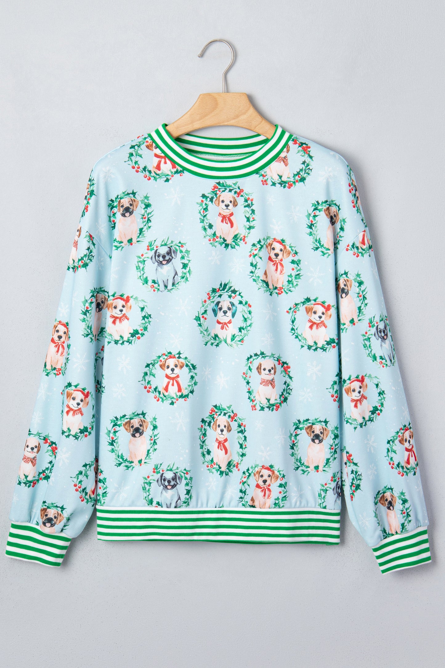 Christmas Wreath Dog Print Stripe Contrast Trim Sweatshirt