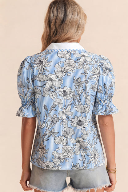 Floral Stripe Polo Collar Short Sleeve Blouse