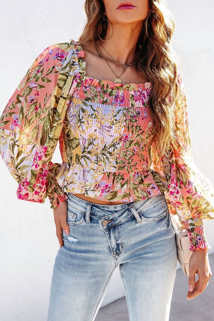 Floral Smocked Long Bubble Sleeve Top