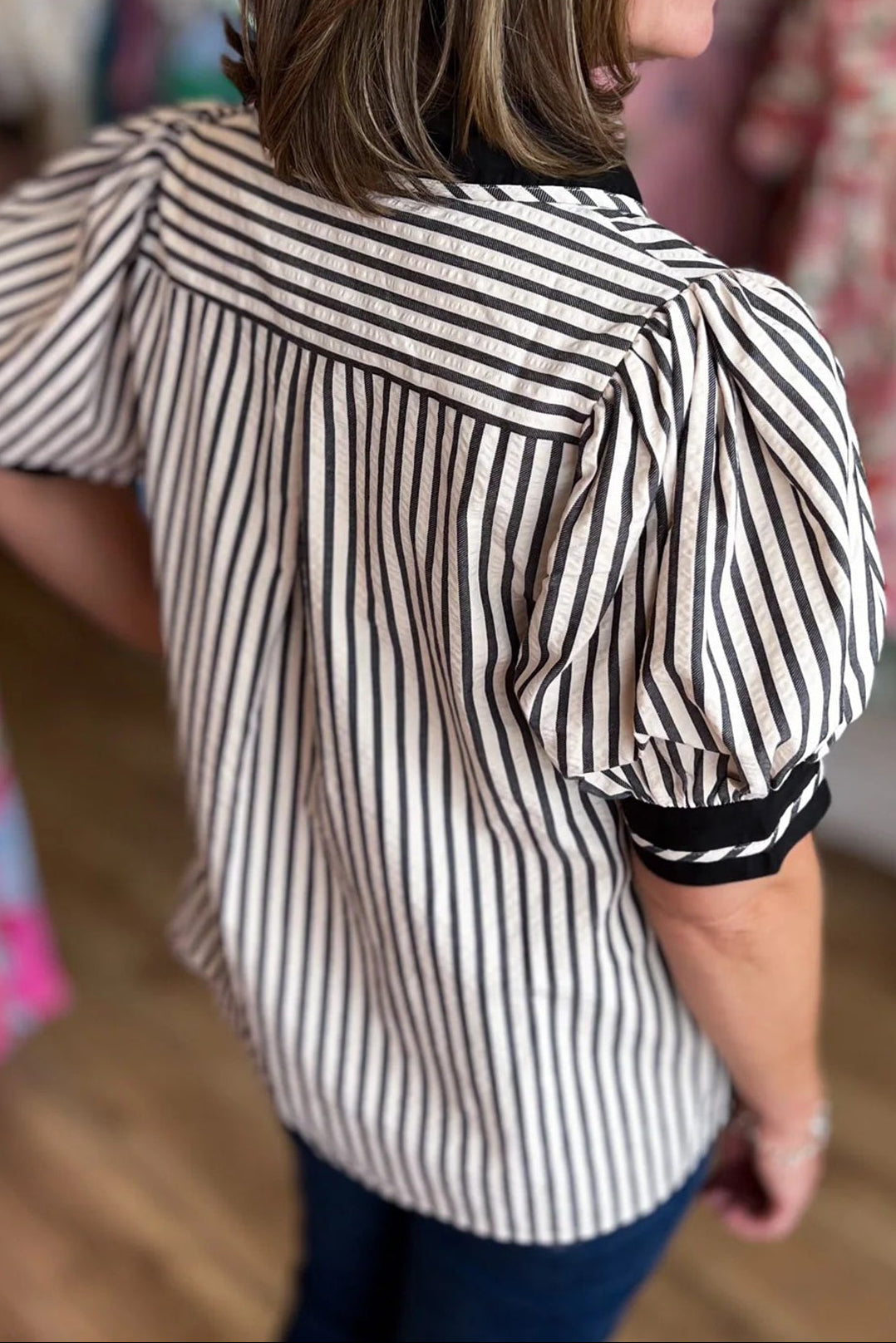 Stripe Collared V-Neck Bubble Sleeve Blouse