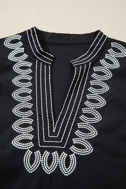 Embroidered V-Neck Short Puff Sleeve Blouse