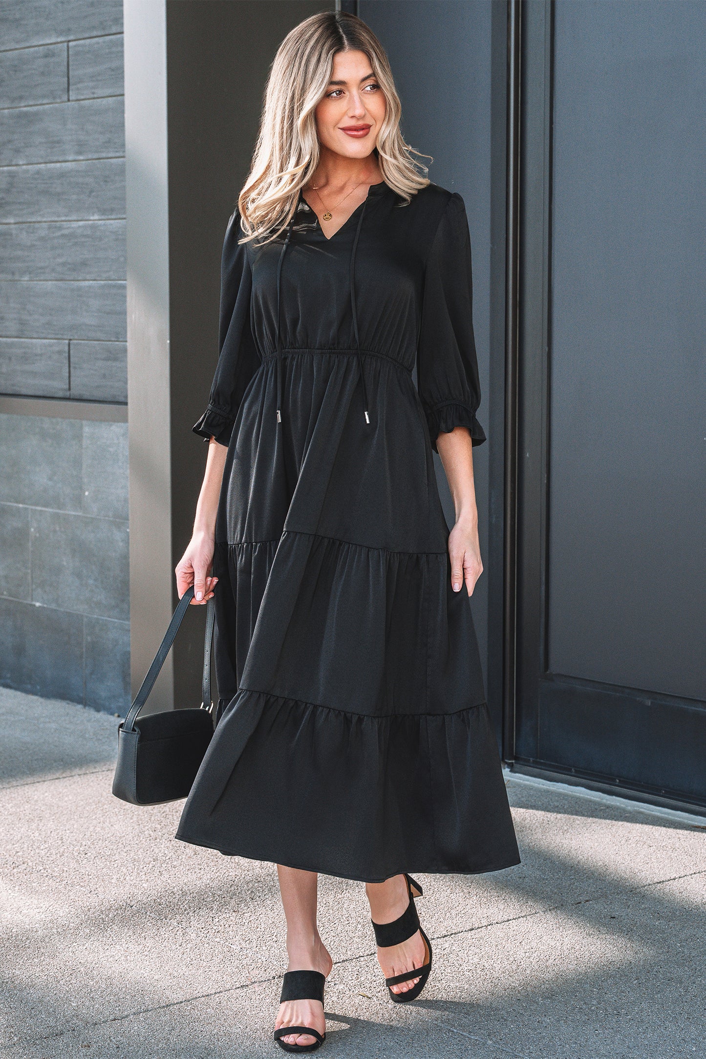 Flounced 3/4 Sleeve Tiered Maxi Dress