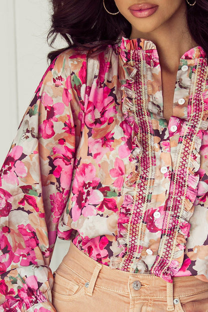 Floral Embroidered Ruffle Buttoned Shirt