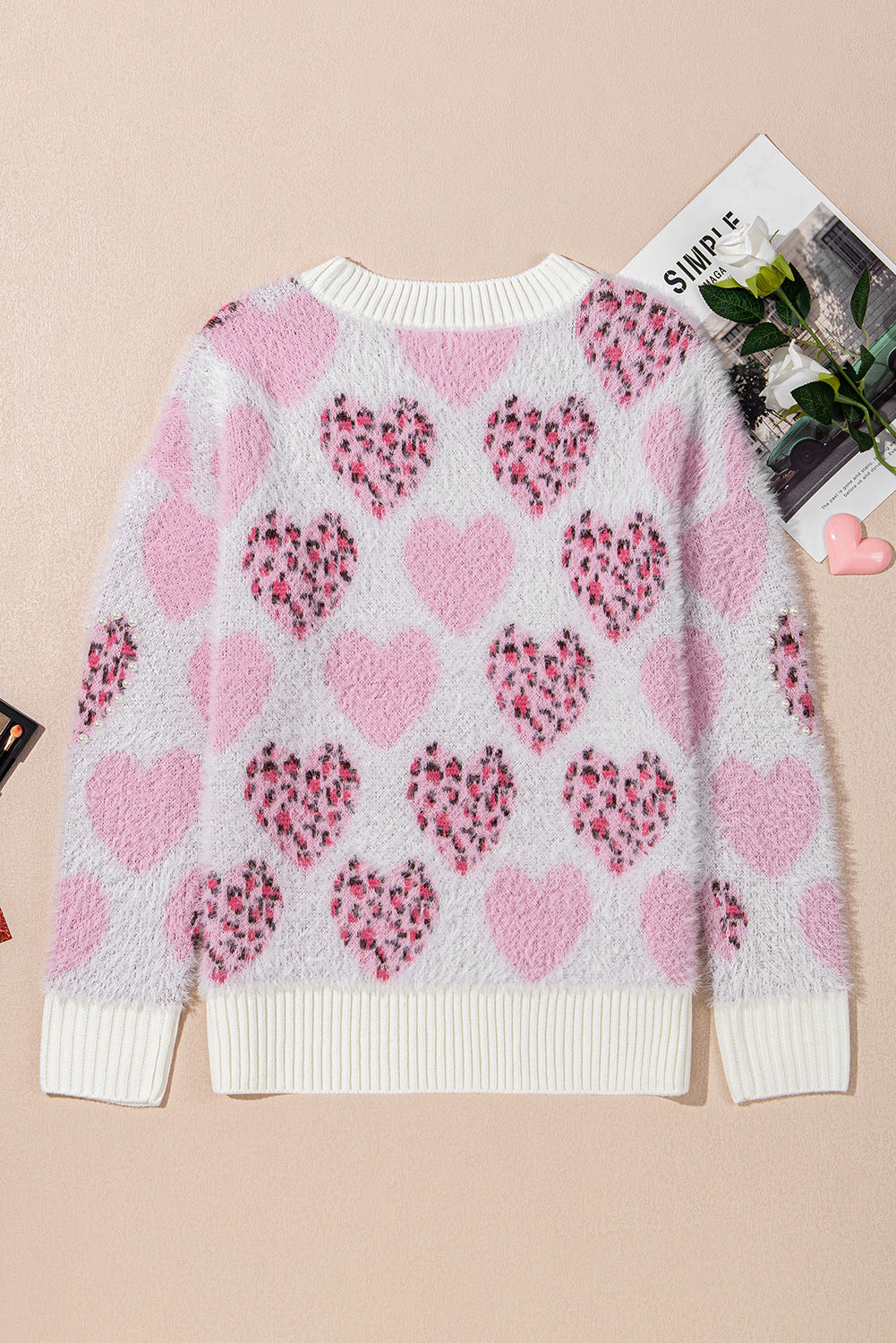 Heart Leopard Ribbed Trim Sweater