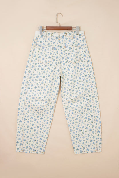 Floral Grommet Knot Waist Barrel Leg Jeans