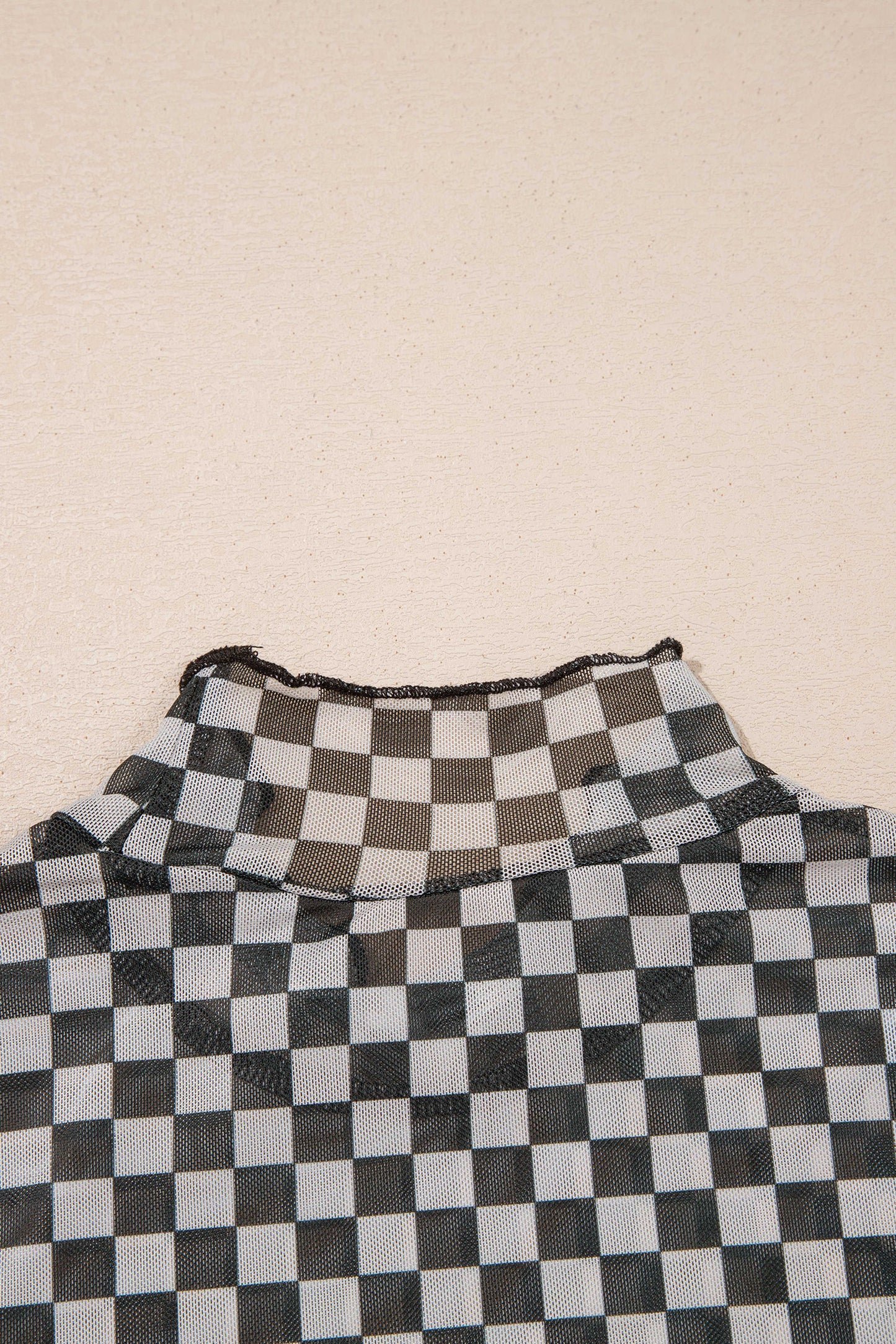 Checker Stand Neck Long Sleeve Mesh Top