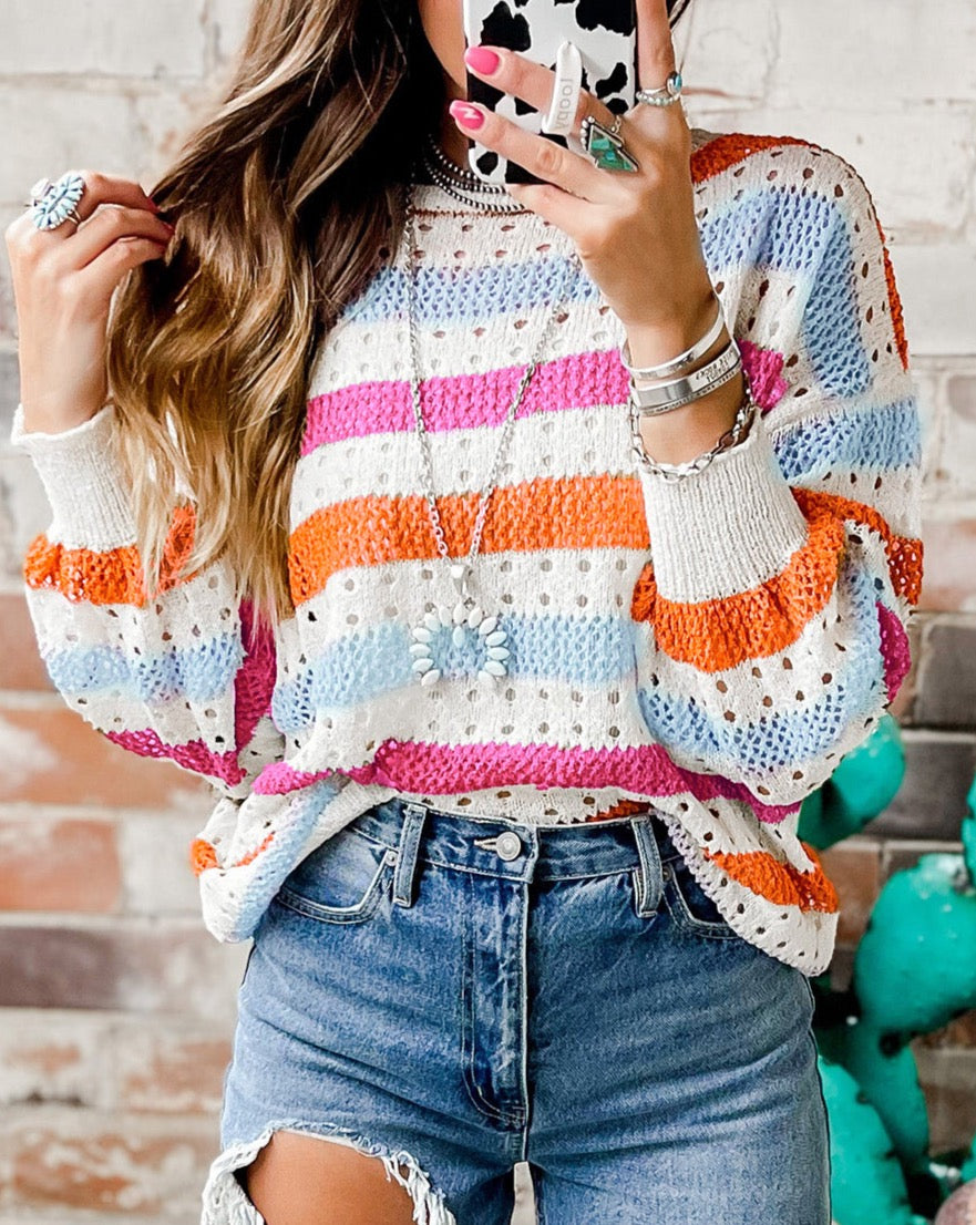 Stripe Hollowed Knit Crewneck Sweater