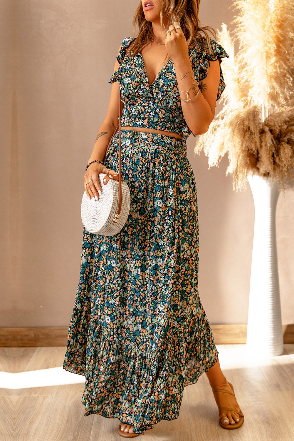 Floral Crop Top and Maxi Skirt Set