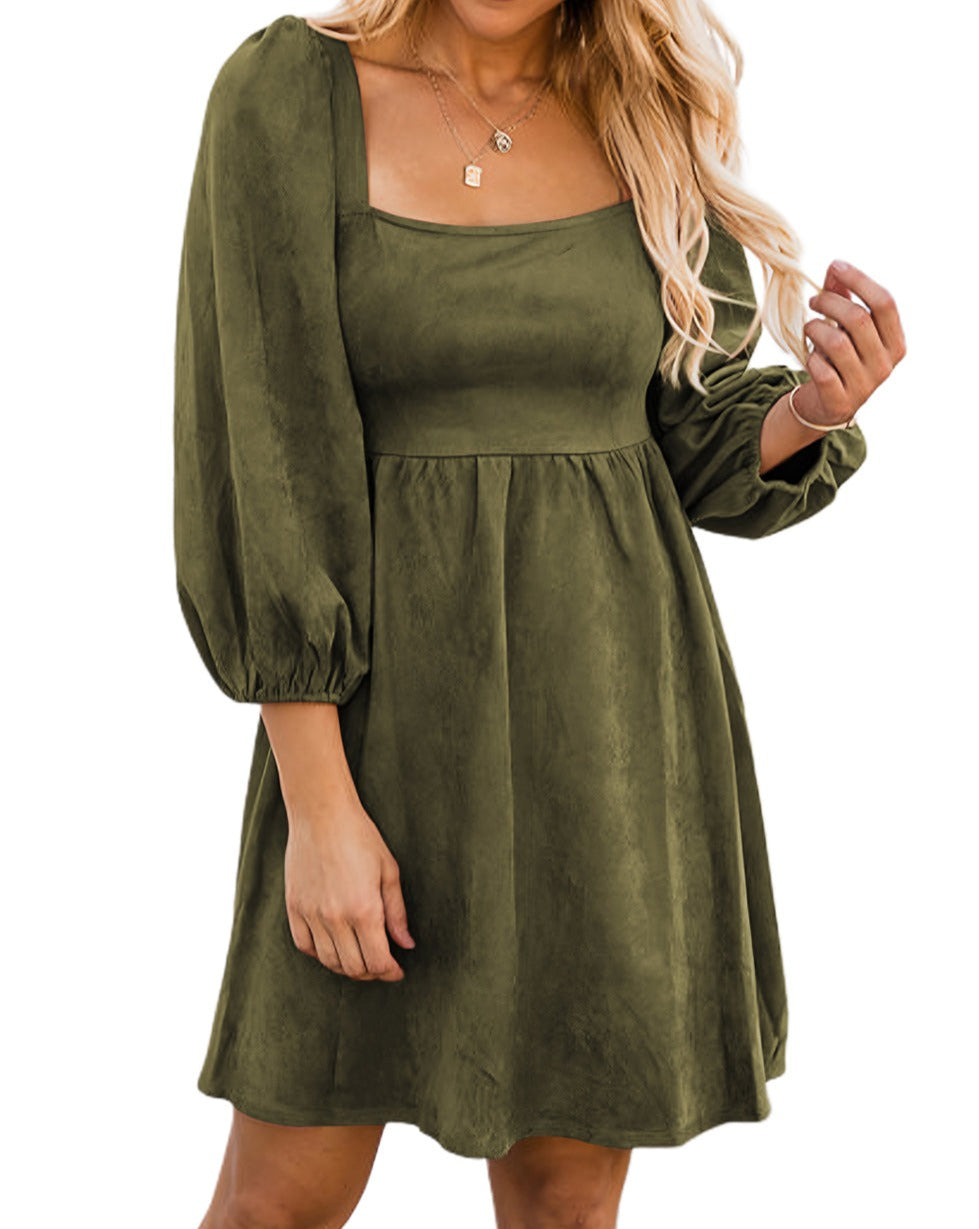 Suede Shirred Puff Sleeve Dress