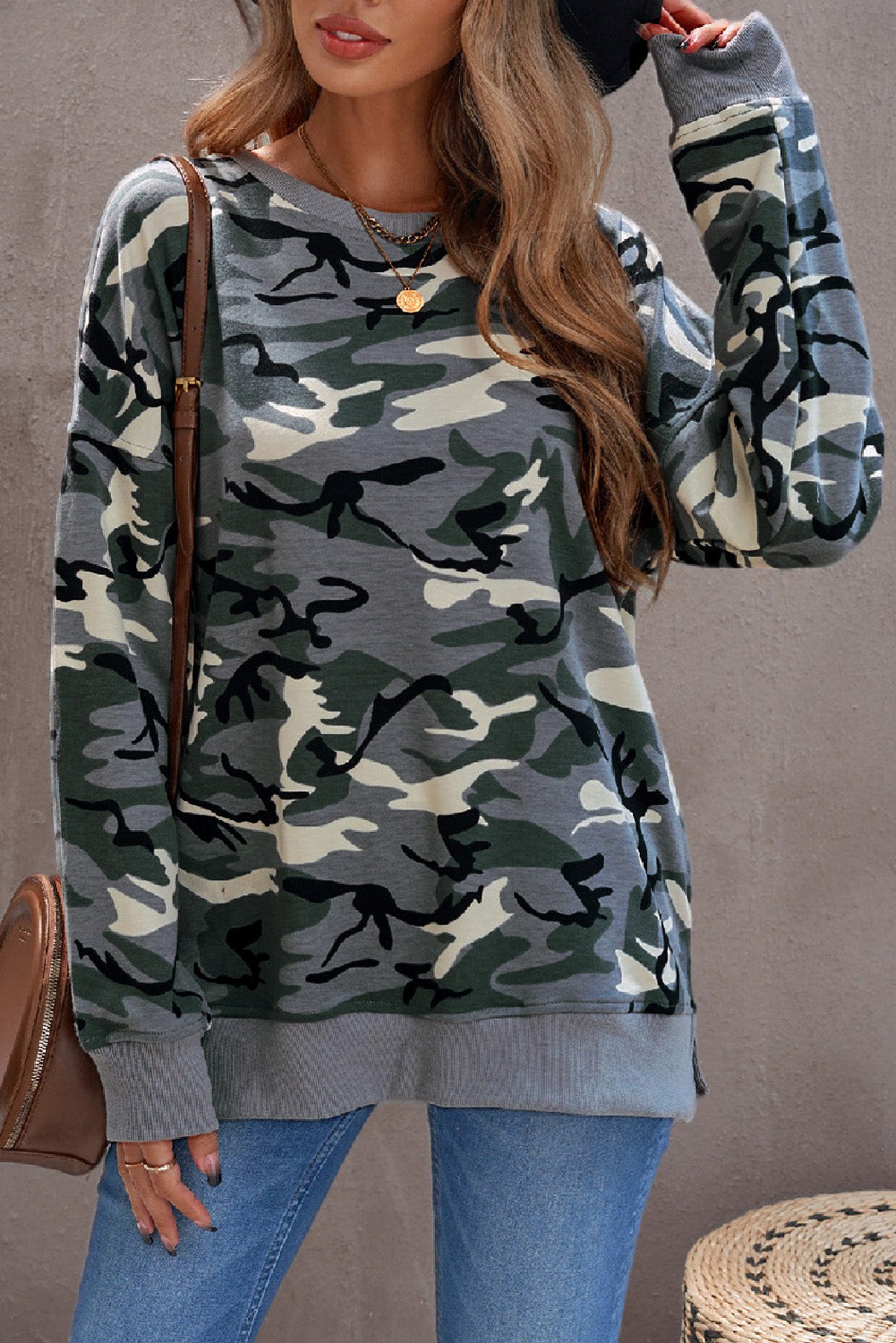 Camouflage Drop Shoulder Pullover Sweatshirt