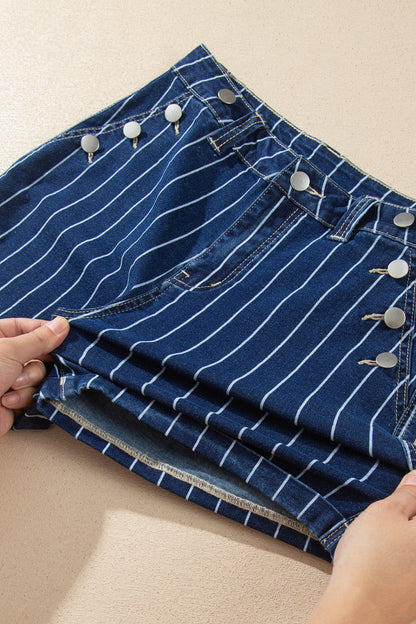 Denim Stripe Metal Button Detail Shorts