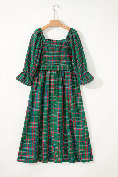 Plaid Square Neck Puff Sleeve Belted Midi Dress