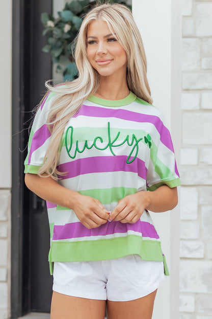 Stripe Lucky Clover Embroidered Dolman Sleeve Tee